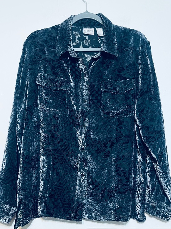 Chico's Tops - Chico's Shiny Textured Black Velvet Button-Up Blouse